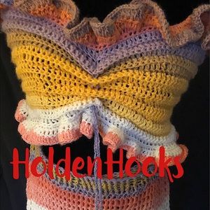 Hand crocheted scrunch crop top with matching skirt